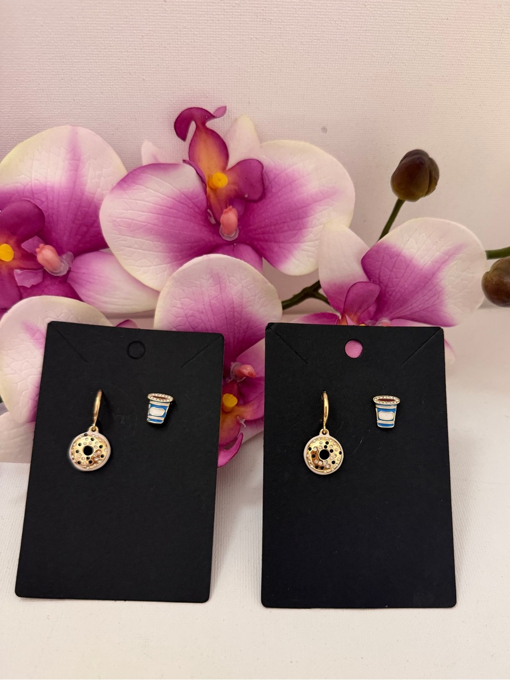 BaubleBar Gold Hoop Earrings with White Donut and Blue Cup Charms Set 2 New